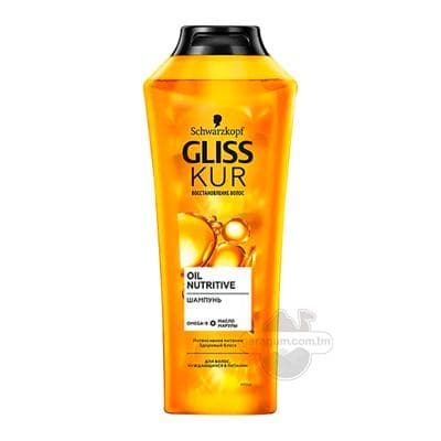 Şampun Gliss Kur Oil Nutritive iýmitlenmä mejbur saçlar üçin, 400 ml