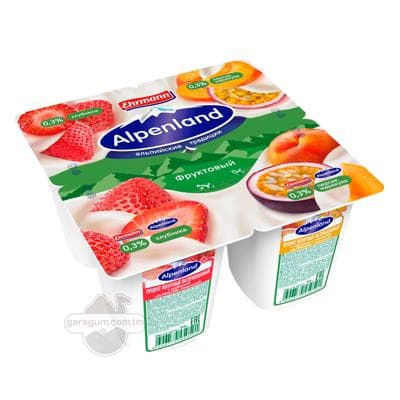 Ýogurt Alpenland klubnika, şetdaly we marakuýýa, 0,3%, 95 gr