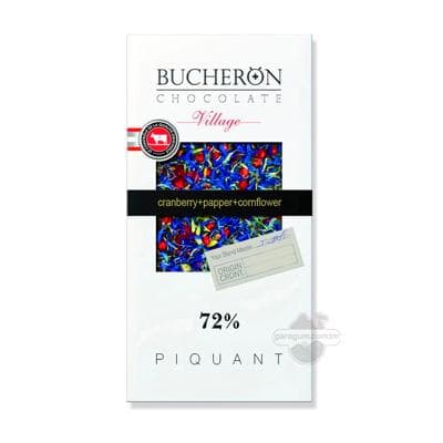 Ajy şokolad Bucheron Village 72% Piquant ülje, klýykwa, gülgüne burç we wasilka gül ýapraklary, 100 gr