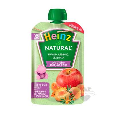 Pýure Heinz Alma, erik, oblepiha (6 aýdan başlap), 90 gr