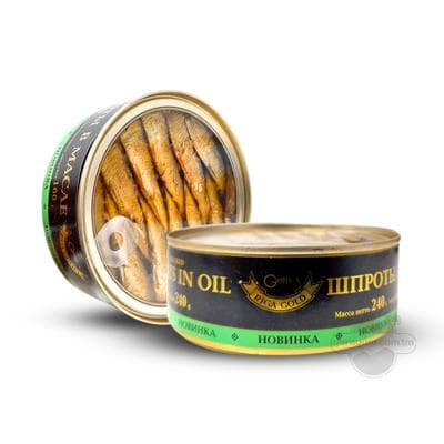 Ýagly şprotlar "Riga Gold" kakadylan balyklardan, 240 gr