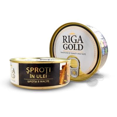 Ýagly şprotlar "Riga Gold" kakadylan balyklardan, 240 gr