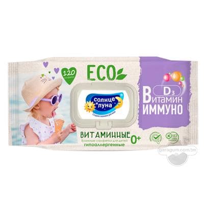 Çagalar üçin çygly salfetkalar Солнце и Луна ECO witaminli, gipoallergen, 120 sany