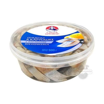 Takgaz file-bölejikleri Санта Бремор "Селедочки к картошке" zeýtun bilen ýagda, 500 gr