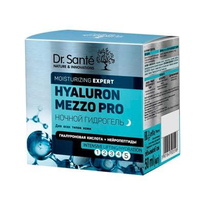 Ýüz üçin gijeki gidrogel Dr. Sante "Hyaluron Mezzo Pro" deriniň ähli görnüşleri üçin, 50 ml