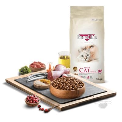 Pişikler üçin gury iýmit BonaCibo Adult Cat Light&Sterilized towuk eti, ançous we tüwili ähli tohumdaky uly ýaşly pişikler üçin, 5 kg