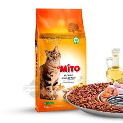 Pişikler üçin gury iýmit Mito towuk etli ähli tohumdaky uly ýaşly pişikler üçin, 1 kg (çekimli)