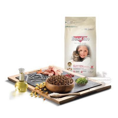 Pişikler üçin gury iýmit BonaCibo Adult Cat Light&Sterilized towuk eti, ançous we tüwili ähli tohumdaky 12 aýlyk kiçi ýaşly pişikler üçin, 1.5 kg