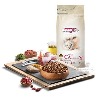 Pişikler üçin gury iýmit BonaCibo Adult Cat Light&Sterilized towuk eti, ançous we tüwili ähli tohumdaky uly ýaşly pişikler üçin, 2 kg