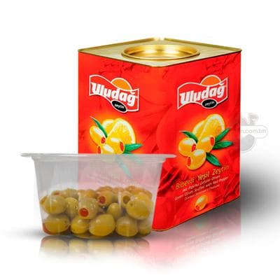 Dänesiz ýaşyl zeýtun "Uludağ" içi gyzyl paprikaly, 250 gr